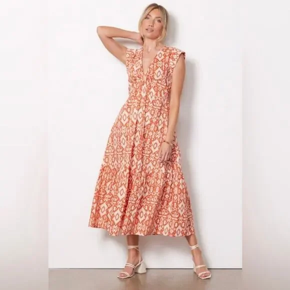 Evereve BB Dakota Emersyn Tiered Midi Dress XS Deep V-Neck Batik Cotton Spring - Picture 1 of 16